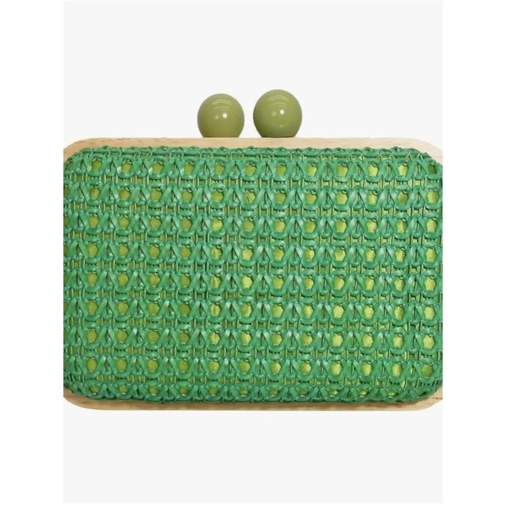 NEW Green Woven Clutch Crossbody Bag with Gold Chain